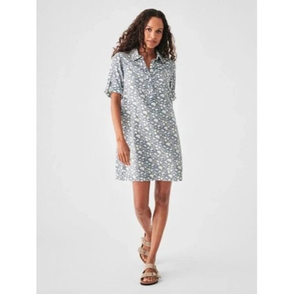 FAHERTY Penny Linen Dress In Blue Indigo Echo Floral Size XS - Picture 1 of 8